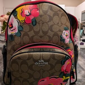 Coach, Court Backpack In Signature Brown Leather With Floral Poppy Seed Print